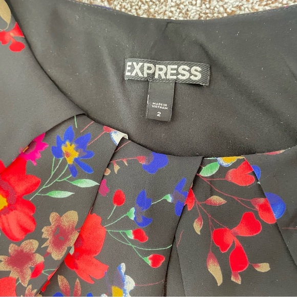 Express Black Multicolored Floral  Dress HummingBird Keyhole 2 Sleeveless Skater - Picture 12 of 13